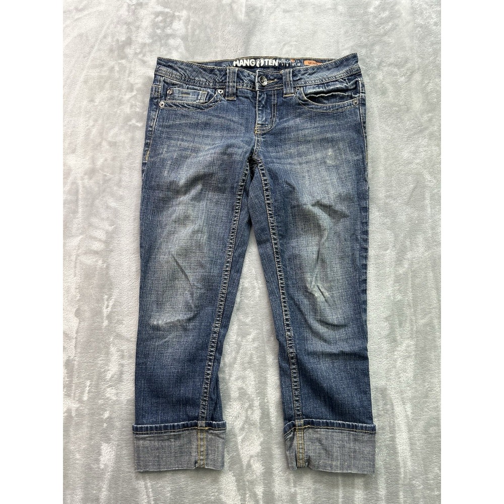 Hang Ten Y2K Jean Women Sz 3 Blue Skinny Crop Capri Stretch Cuffed Beach Walking